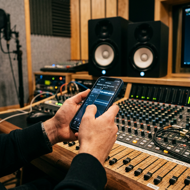 Productor usando un celular en el estudio